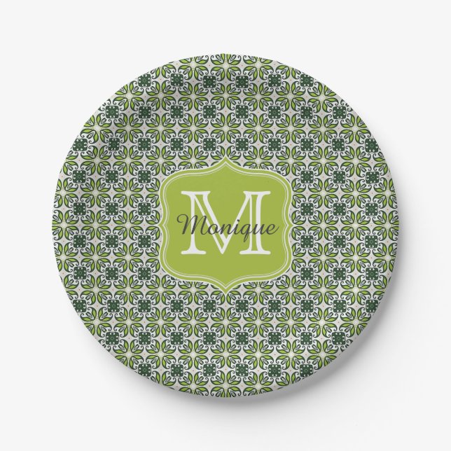 Monogram Green Flowers Pattern Paper Plate (Front)