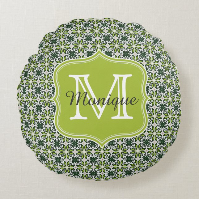 Monogram Green Flowers Pattern Round Cushion (Front)