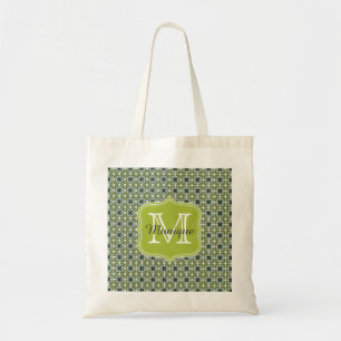 Monogram Green Flowers Pattern Tote Bag