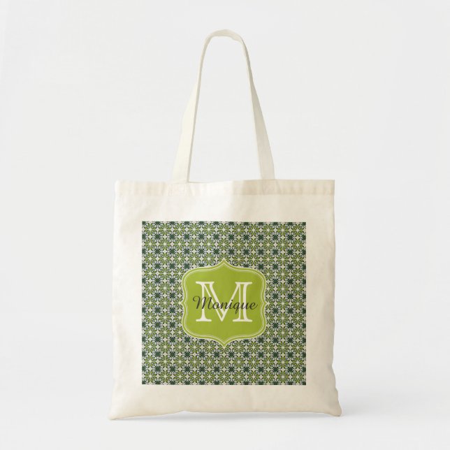 Monogram Green Flowers Pattern Tote Bag (Front)