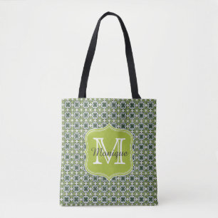 Monogram Green Flowers Pattern Tote Bag