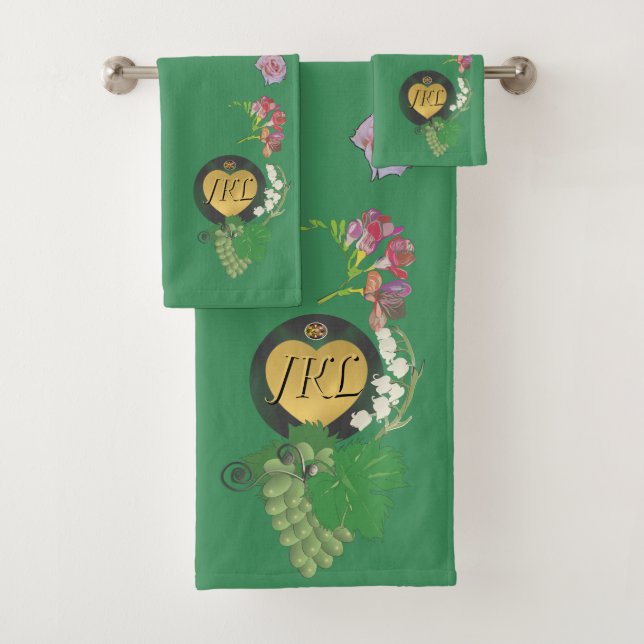 Monogram Green Fruit and Floral Bath Towel Set (Insitu)