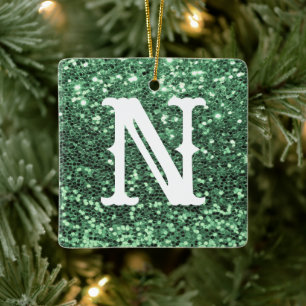 Monogram Green Glitter Metallic Christmas Holiday Ceramic Ornament