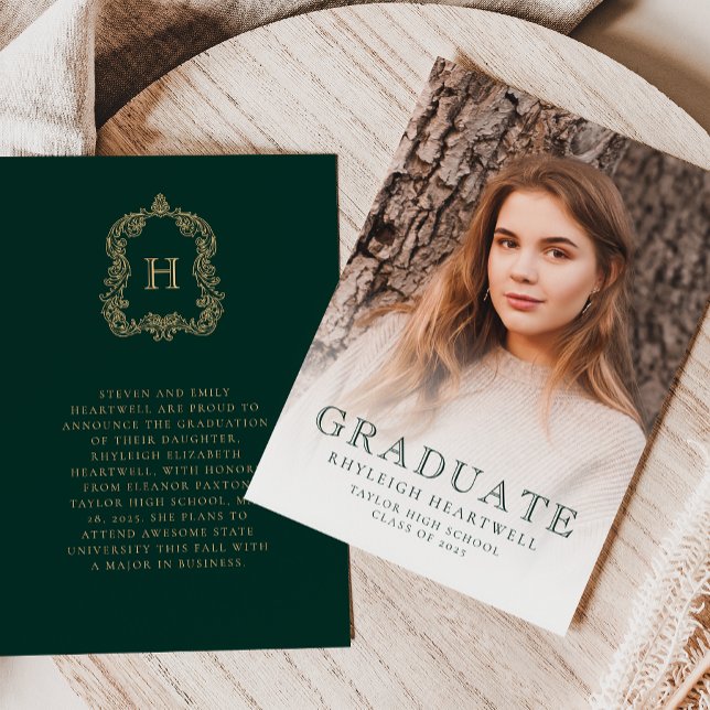 Monogram Green Gold Photo Graduation Announcement (Creator Uploaded)