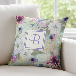 Monogram green gold watercolor floral vintage cushion