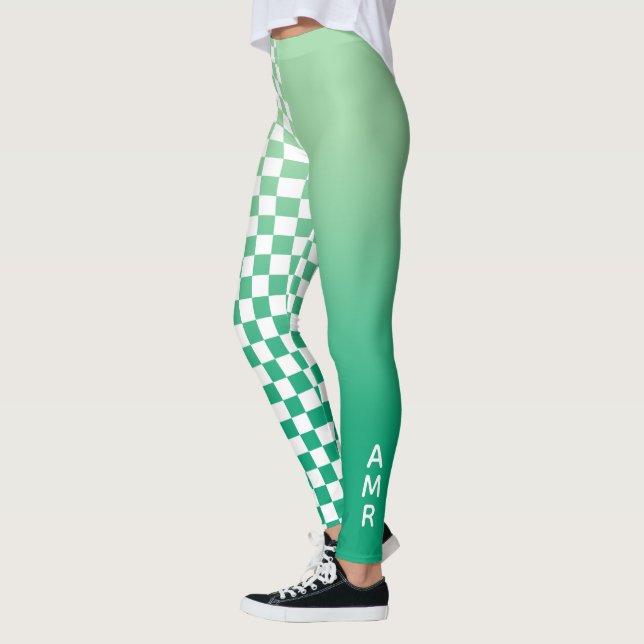 Monogram Green Gradient White Chequered Pattern Leggings (Left)