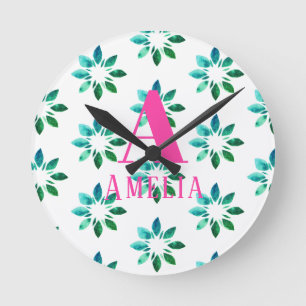 Monogram Green Hot Pink Retro Floral Watercolor Round Clock