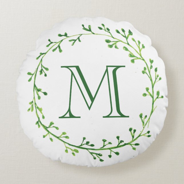 Monogram Green Leafy Wreath Round Cushion (Front)