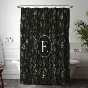 Monogram Green Leaves Botanical Pattern Shower Curtain
