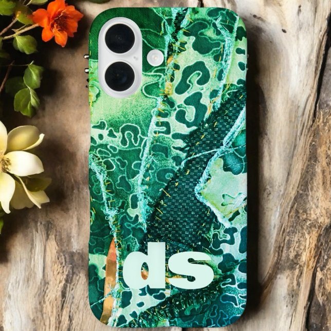 Monogram green leopard animal print pattern  iPhone 16 case (Creator Uploaded)