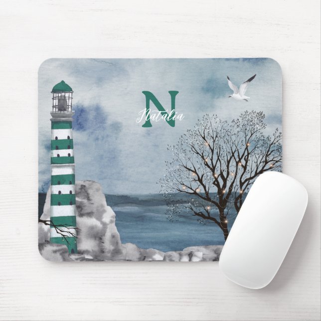 Monogram Green Lighthouse Watercolor Art Mouse Pad (With Mouse)