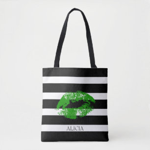 Monogram Green Lips And Black White Stripes Tote Bag
