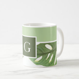 Monogram Green Monstera Leaf Coffee Mug