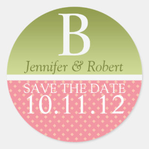 Monogram Green Pink Wedding Save The Date Classic Round Sticker