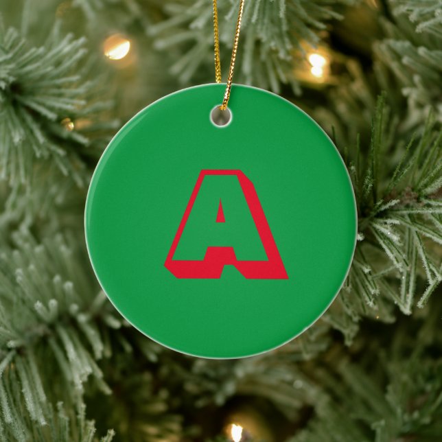 Monogram green red custom initial Christmas Ceramic Tree Decoration (Tree)