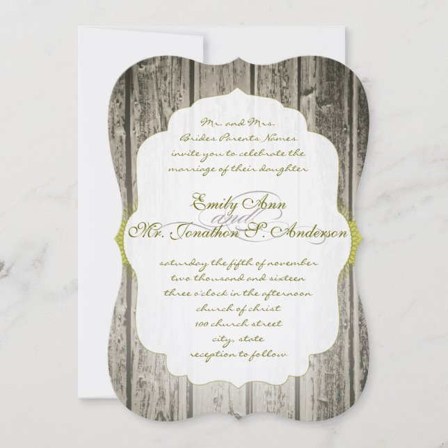Monogram Green Rustic Barn Wood Wedding Invitation (Front)