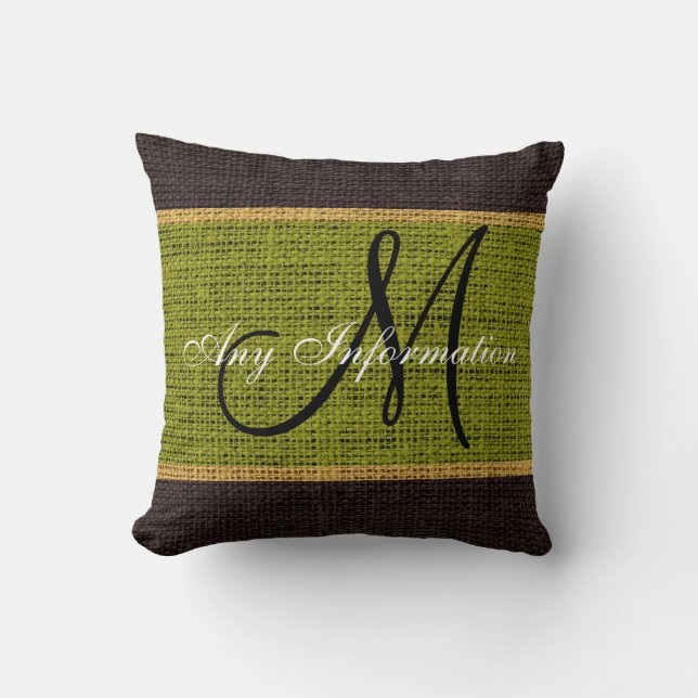 Monogram Green Rustic Burlap Jute Cushion (Front)