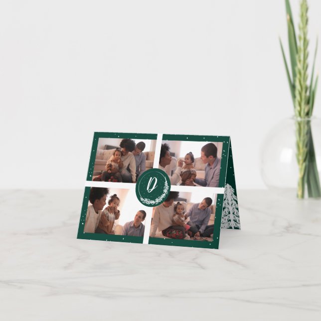 Monogram Green Snowy Pine Tree Forest 3-Photo Holiday Card (Front)