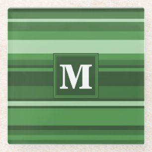 Monogram green stripes glass coaster