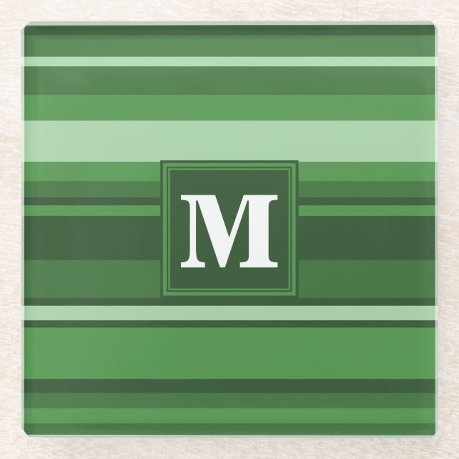 Monogram green stripes glass coaster (Front)
