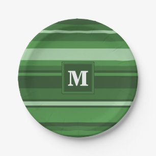 Monogram green stripes paper plate
