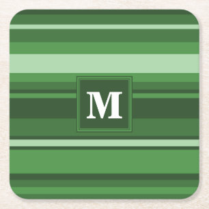 Monogram green stripes square paper coaster