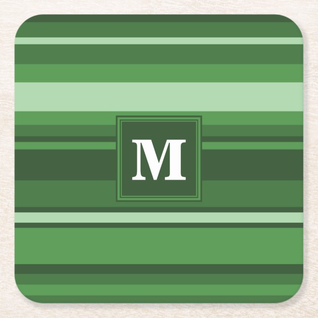 Monogram green stripes square paper coaster (Front)