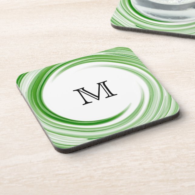 Monogram Green Swirl Abstract Art Coaster (Left Side)