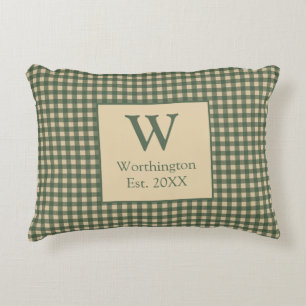 Monogram Green Tan Beige Buffalo Plaid Country Decorative Cushion