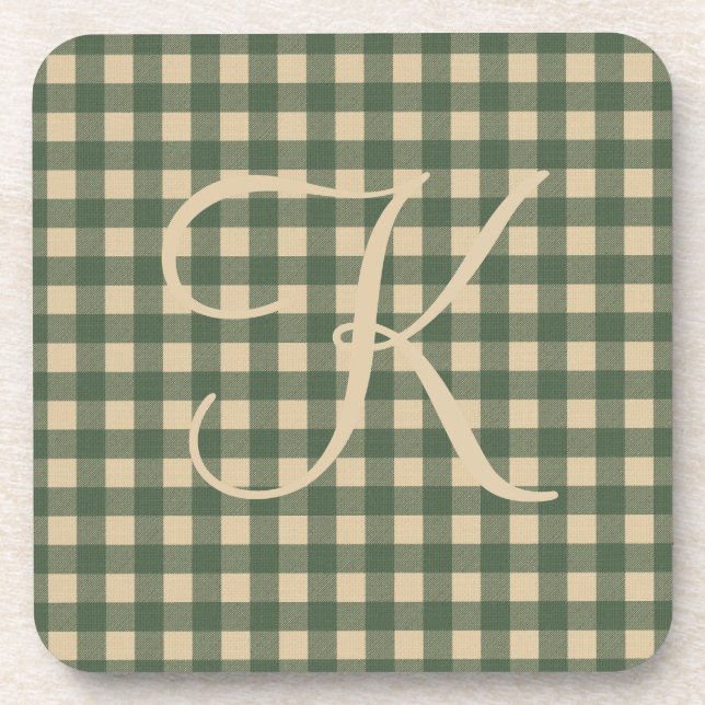 Monogram Green Tan Buffalo Plaid Rustic Country   Coaster (Front)