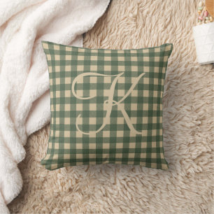 Monogram Green Tan Buffalo Plaid Rustic Country  Cushion