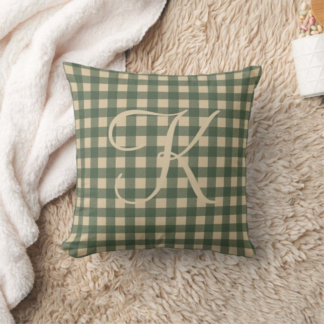 Monogram Green Tan Buffalo Plaid Rustic Country  Cushion (Blanket)