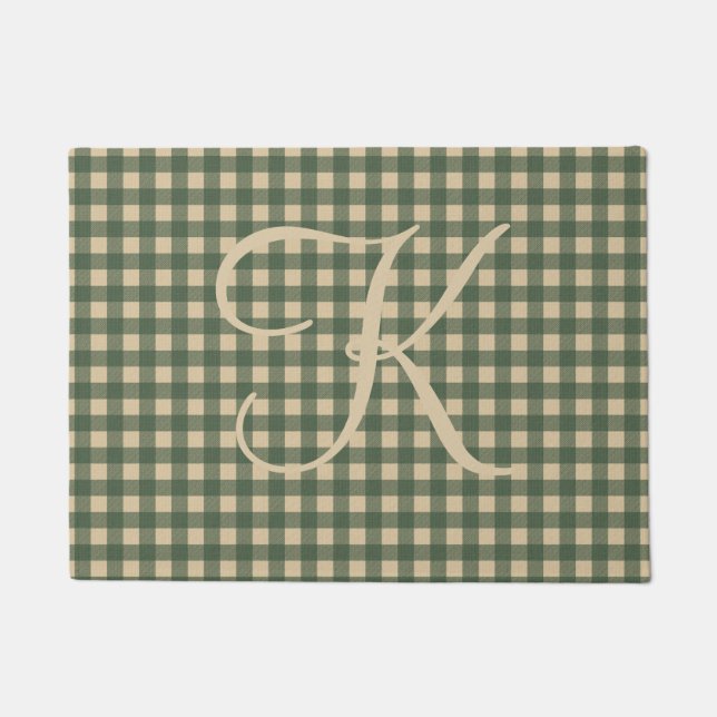 Monogram Green Tan Buffalo Plaid Rustic Country   Doormat (Front)