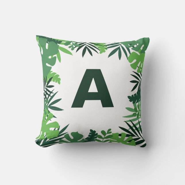 Monogram green tropical palm leaves floral letter cushion (Front)