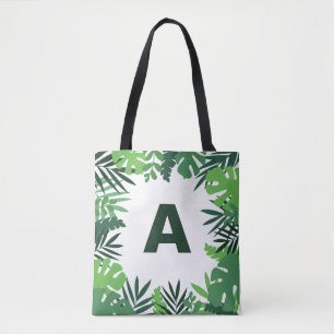 Monogram green tropical palm leaves floral tote bag