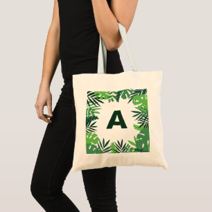 Monogram green tropical palm leaves floral tote bag