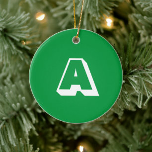 Monogram green white custom initial Christmas Ceramic Tree Decoration