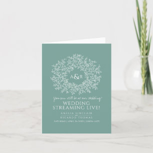 Monogram green white leaves wedding live stream announcement
