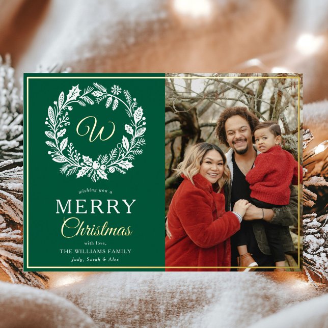 Monogram Green Wreath Merry Christmas Photo (Creator Uploaded)