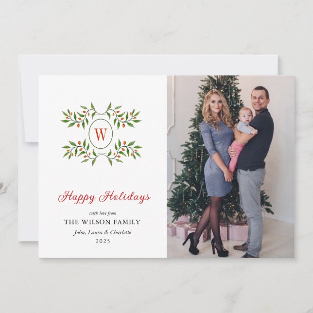 Monogram Greenery and Citrus Happy Holiday  Card (Front)