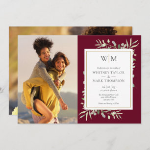 Monogram Greenery Burgundy Photo Wedding Invitation