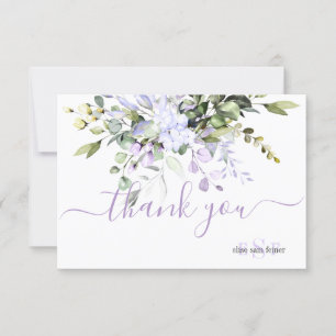 Monogram Greenery Eucalyptus Leaves Purple Flowers Thank You Card