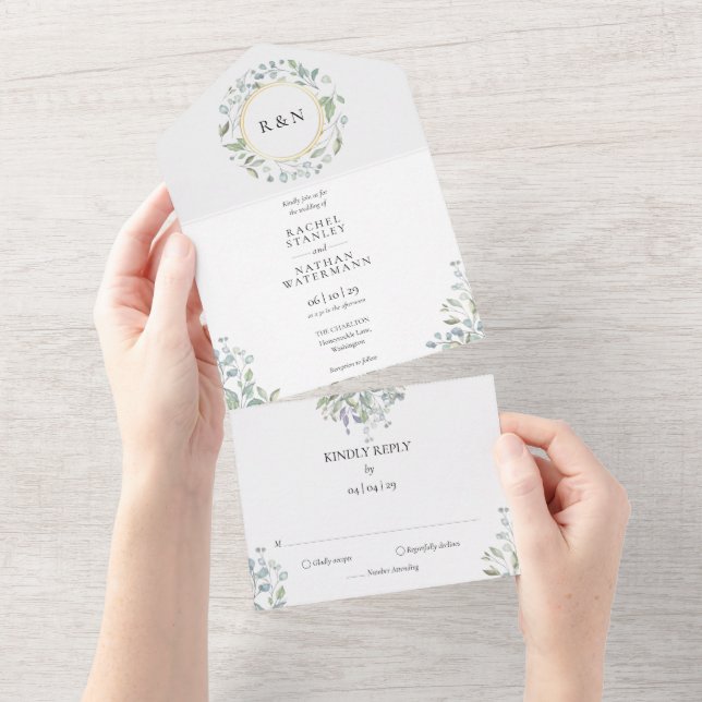 Monogram Greenery Floral Garland Gold Wedding All  In One Invitation (Tearaway)