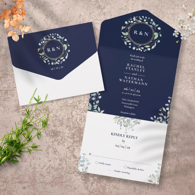 Monogram Greenery Floral Navy Blue Wedding All In One Invitation (Creator Uploaded)