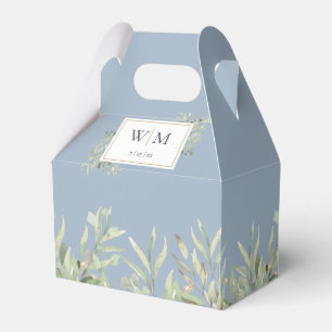 Monogram Greenery Foliage Dusty Blue Wedding Favour Box