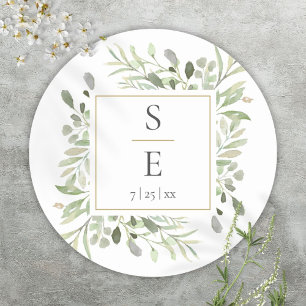 Monogram Greenery Foliage Gold Wedding Classic Round Sticker