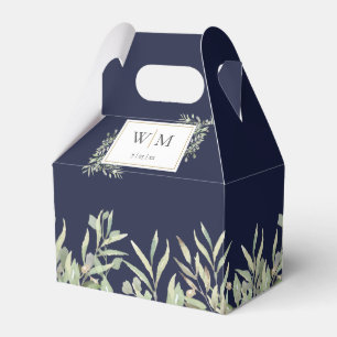 Monogram Greenery Foliage Navy Blue Wedding Favour Box