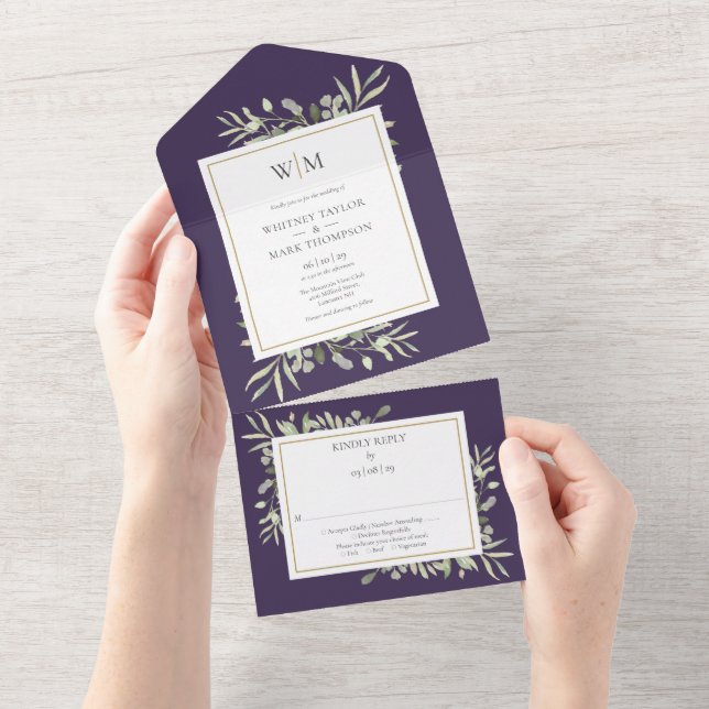 Monogram Greenery Foliage Purple Wedding All In One Invitation (Tearaway)
