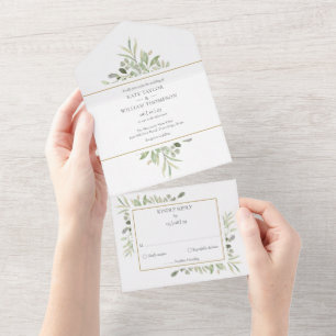 Monogram Greenery Gold Geometric Wedding All In One Invitation