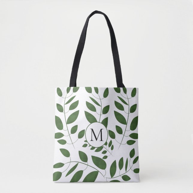 Monogram Greenery Leaf Pattern Tote Bag (Front)